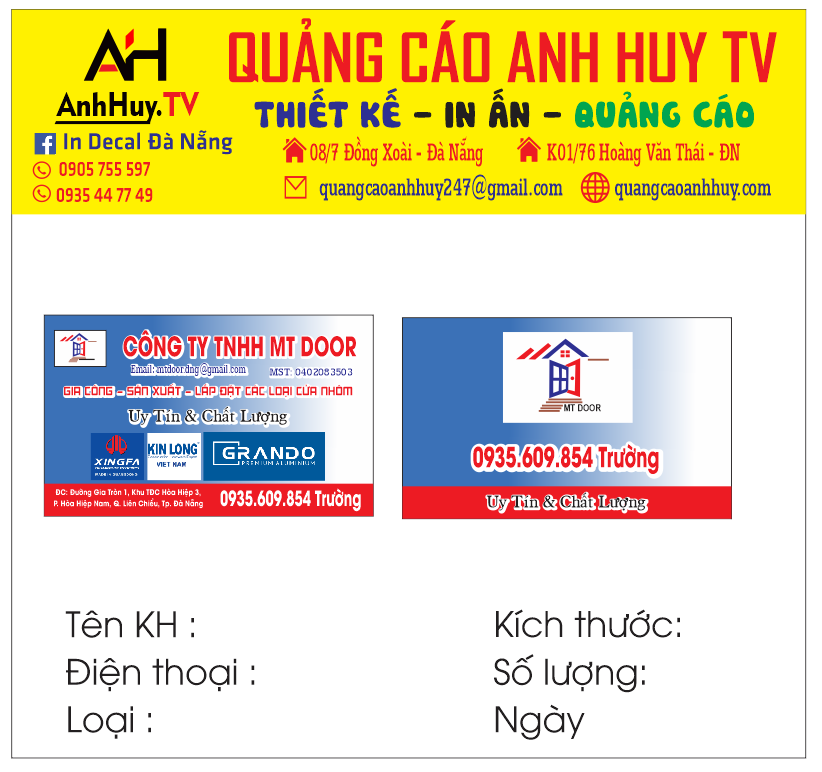 In name card visit danh thiếp mẫu Cửa Nhôm Xingfa Đà Nẵng